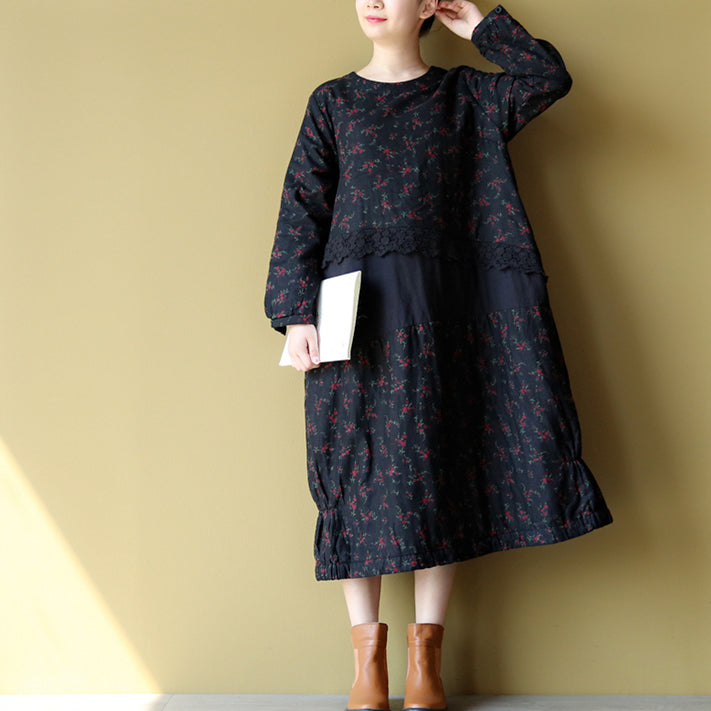 2025 winter warm embroidery floral cotton dresses oversize print patchwork linen thick maxi dress