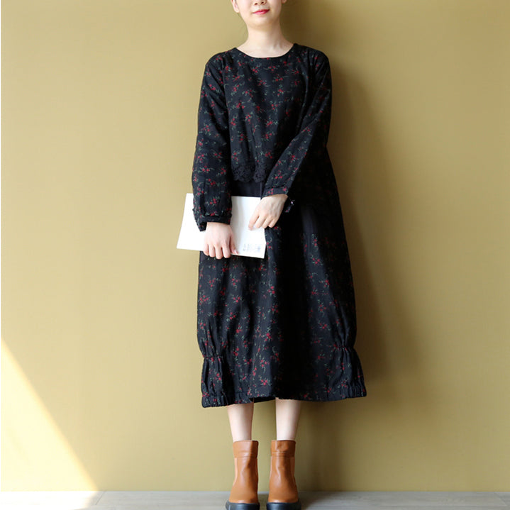 2025 winter warm embroidery floral cotton dresses oversize print patchwork linen thick maxi dress