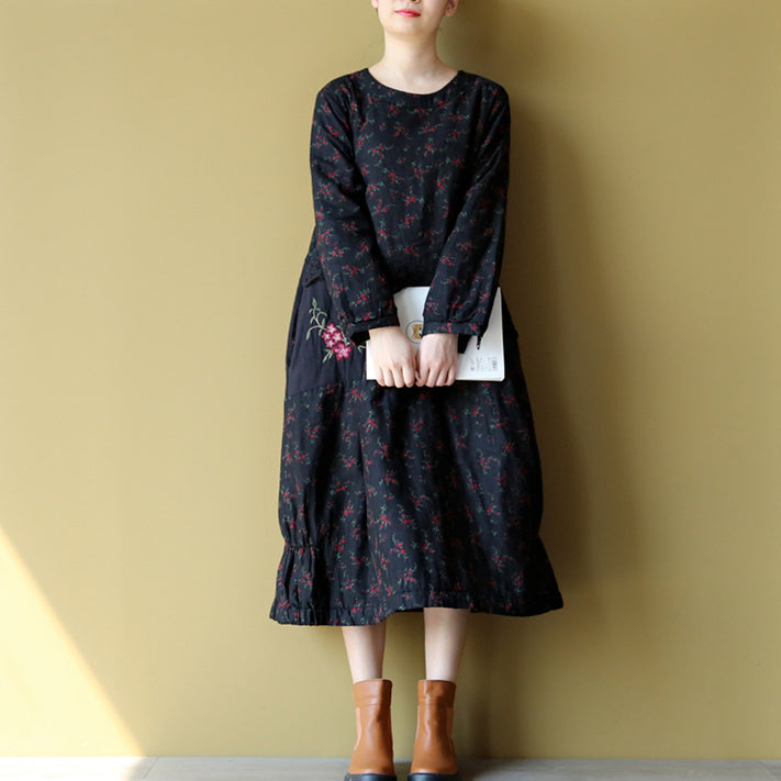 2025 winter warm embroidery floral cotton dresses oversize print patchwork linen thick maxi dress