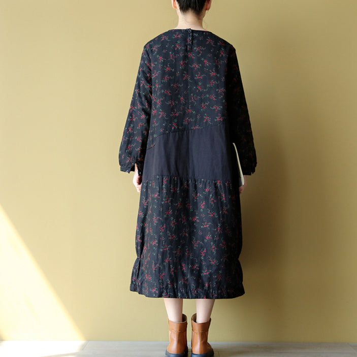 2025 winter warm embroidery floral cotton dresses oversize print patchwork linen thick maxi dress