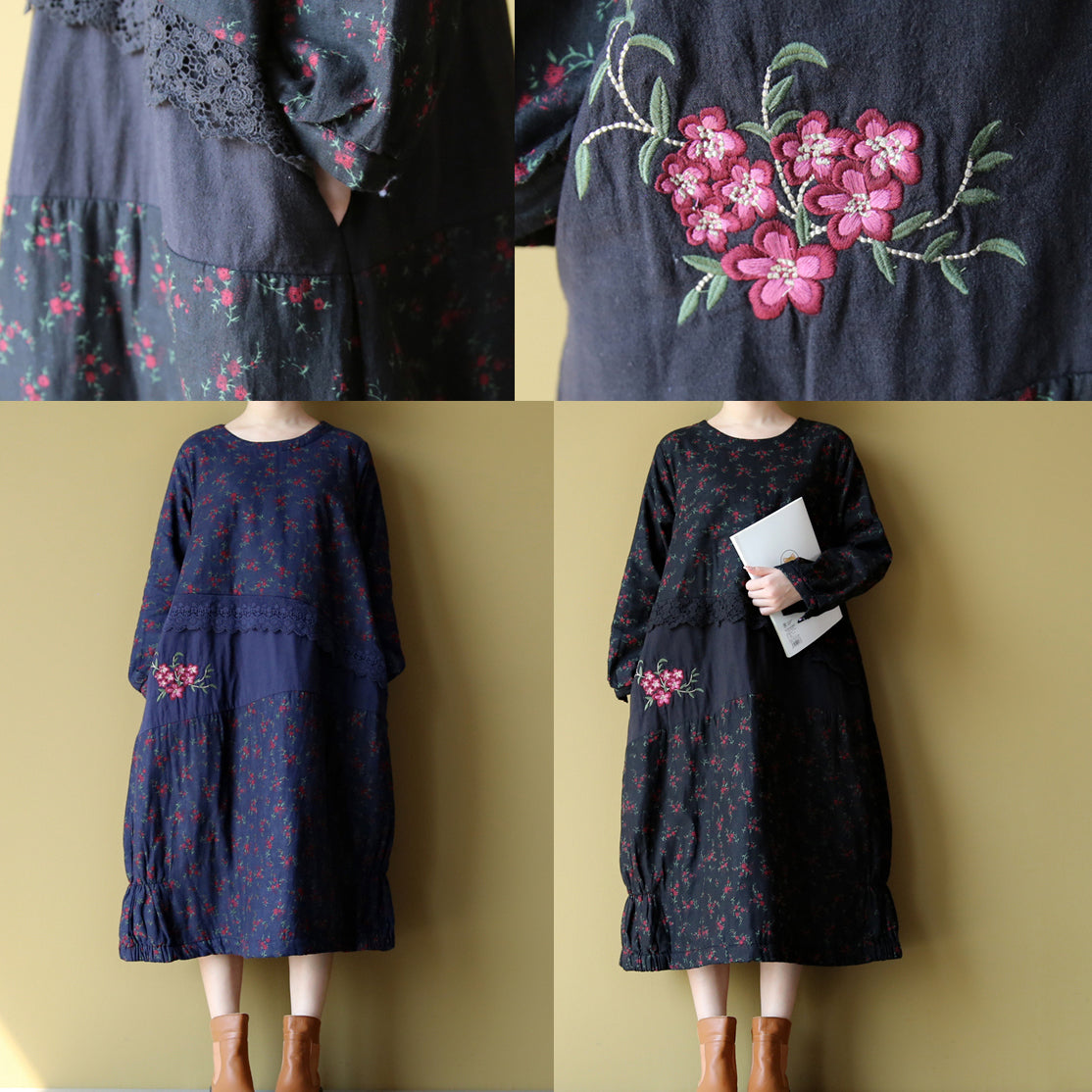 2025 winter warm embroidery floral cotton dresses oversize print patchwork linen thick maxi dress