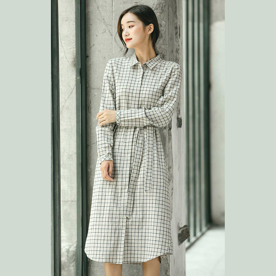 2018 Plaid fall casual linen dress baggy turn-down Collar linen dress