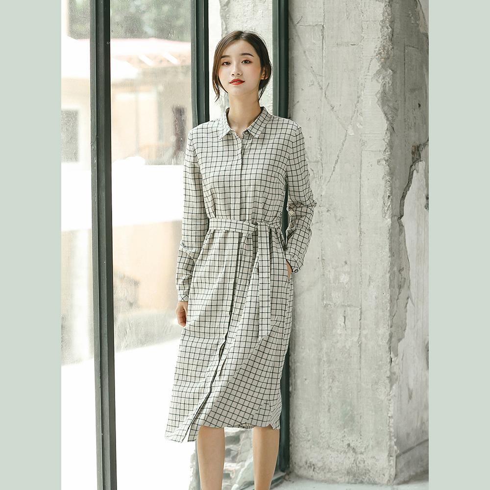 2018 Plaid fall casual linen dress baggy turn-down Collar linen dress