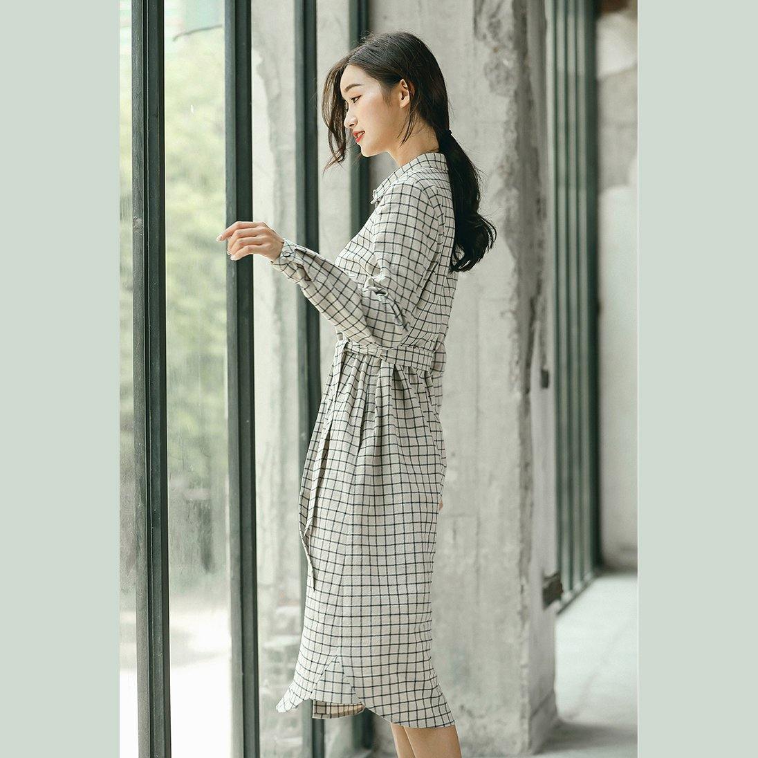 2018 Plaid fall casual linen dress baggy turn-down Collar linen dress