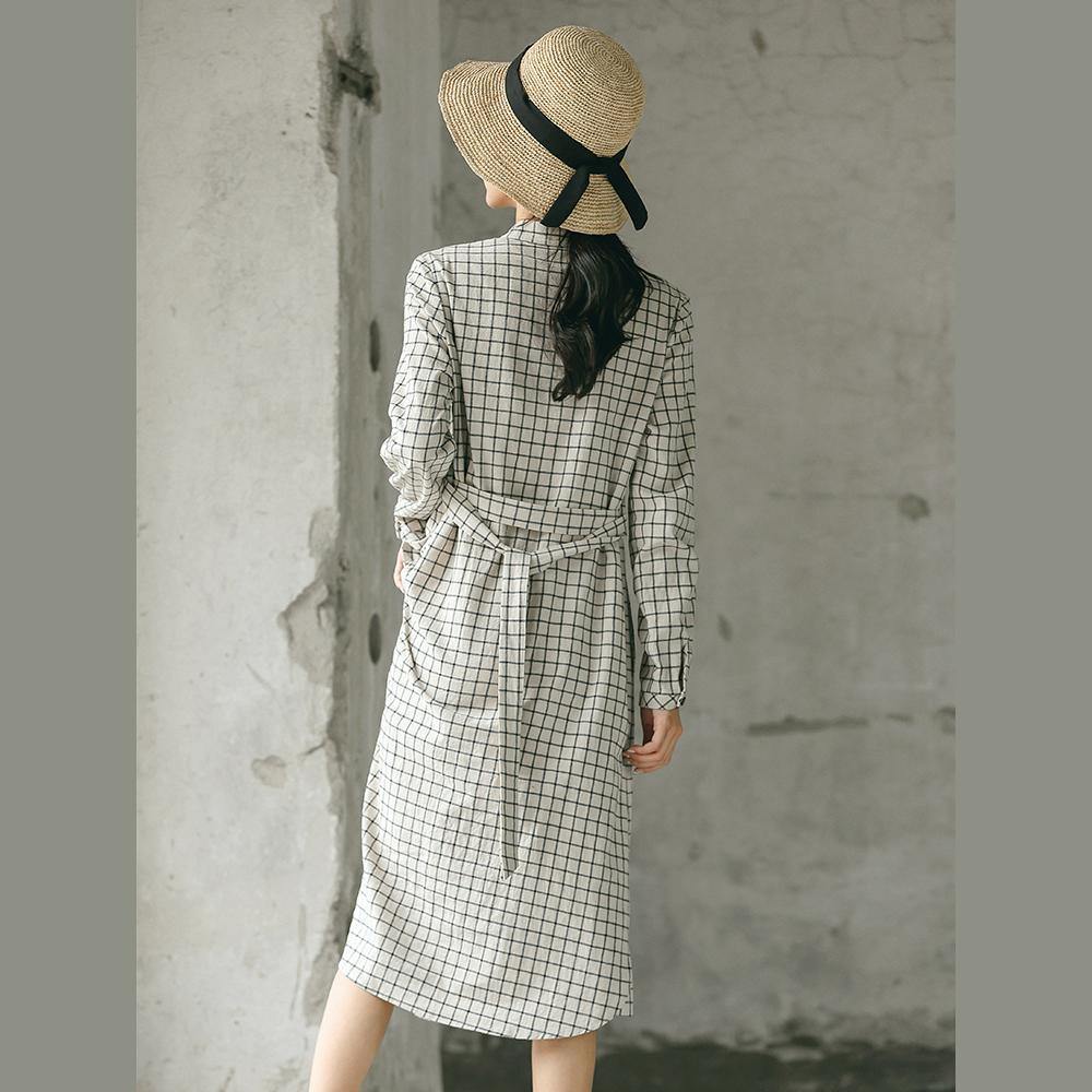 2018 Plaid fall casual linen dress baggy turn-down Collar linen dress