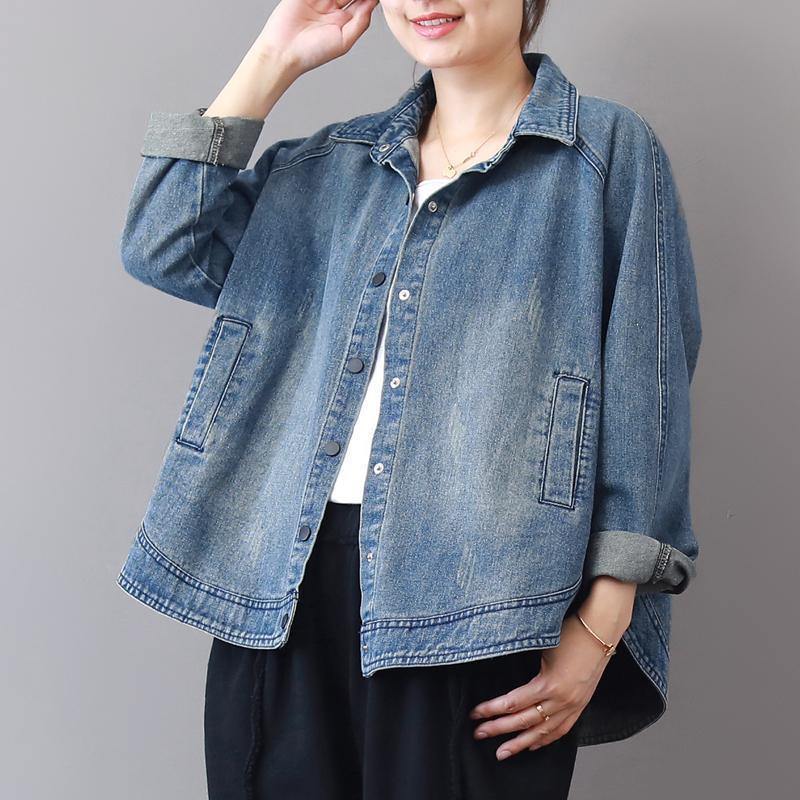 2025 autumn new casual denim blue cotton short coats plus size lapel collar wild tops coat