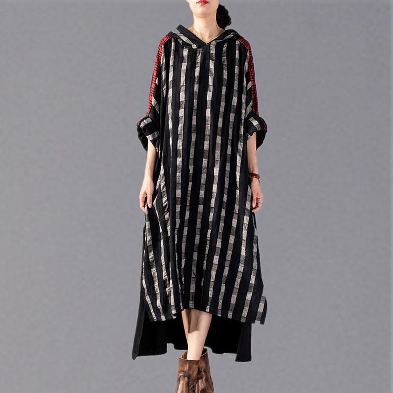 2025 black Plaid long plus size Hooded cotton linen clothing dress New patchwork autumn dress