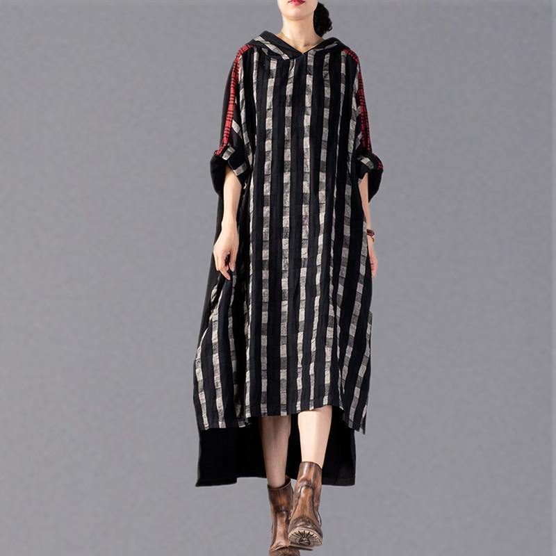 2025 black Plaid long plus size Hooded cotton linen clothing dress New patchwork autumn dress