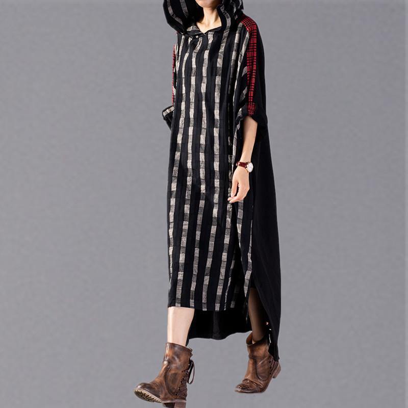 2025 black Plaid long plus size Hooded cotton linen clothing dress New patchwork autumn dress