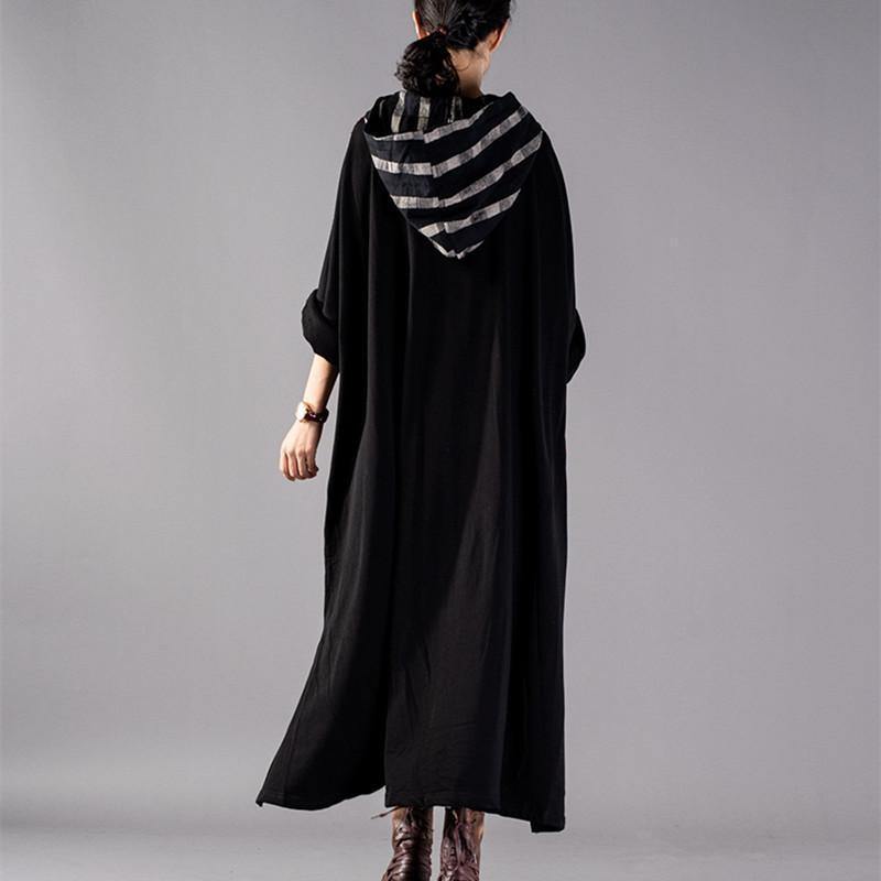 2025 black Plaid long plus size Hooded cotton linen clothing dress New patchwork autumn dress