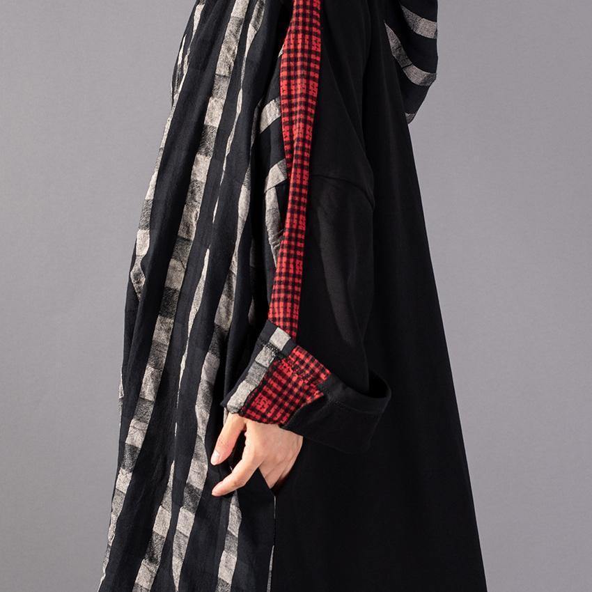 2025 black Plaid long plus size Hooded cotton linen clothing dress New patchwork autumn dress