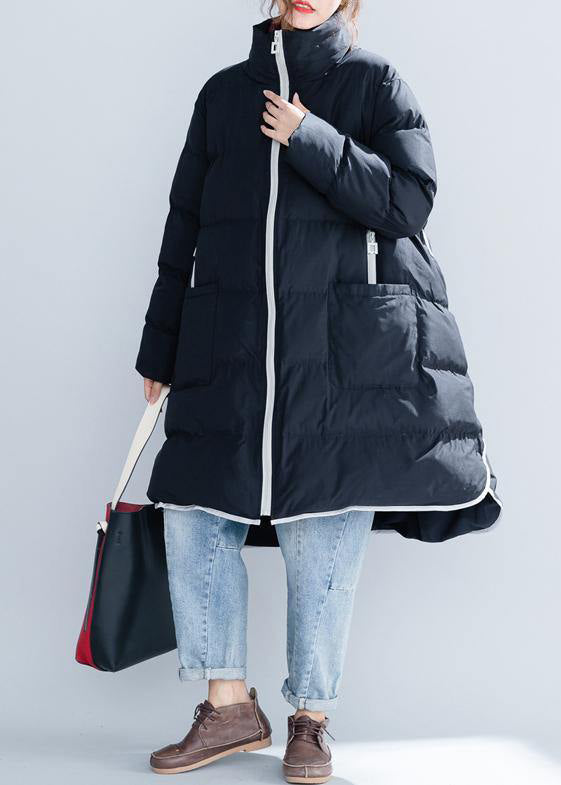 2025 black cotton jacket trendy plus size stand collar zippered Warm pockets thick winter cotton coats