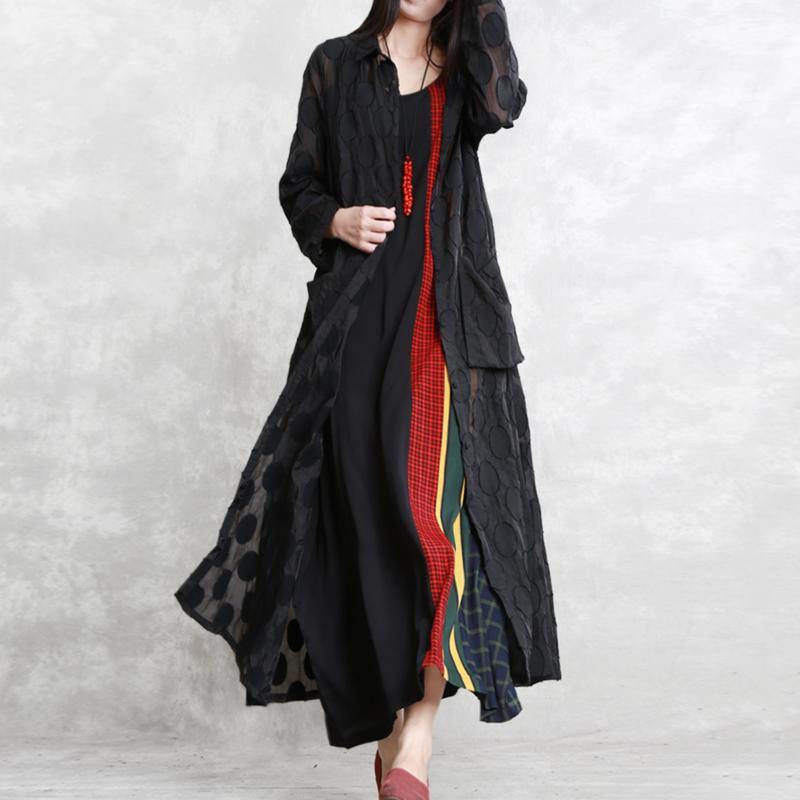 2025 black dotted Jacquard coats plus size Turn-down Collar outwear fine long sleeve pockets long coat