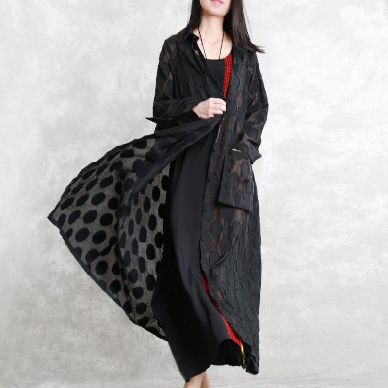 2025 black dotted Jacquard coats plus size Turn-down Collar outwear fine long sleeve pockets long coat