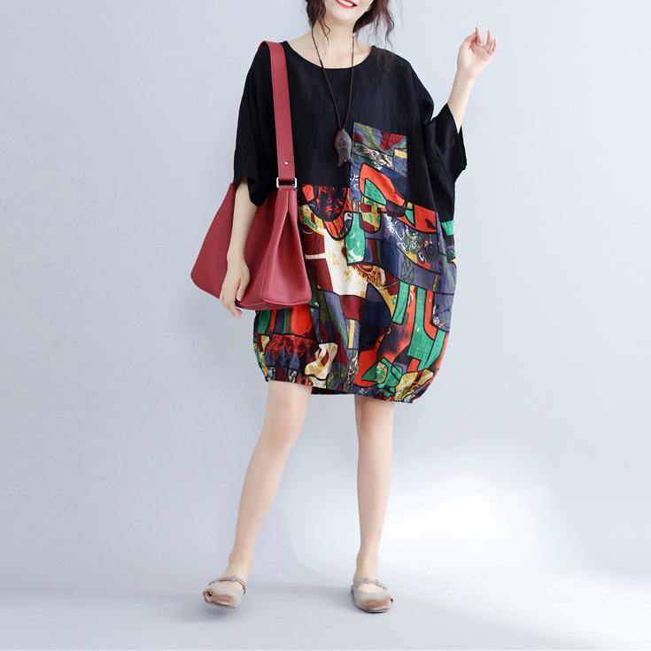 2025 black patchwork cotton shift dress casual cotton clothing dresses Fine batwing sleeve prints cotton dress