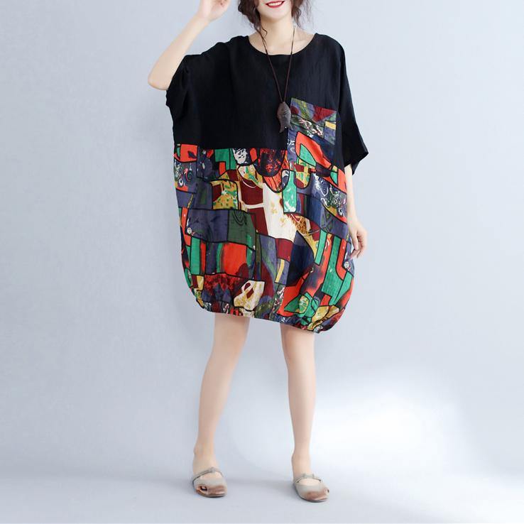 2025 black patchwork cotton shift dress casual cotton clothing dresses Fine batwing sleeve prints cotton dress