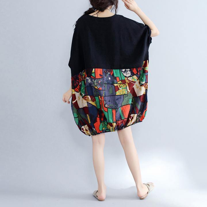 2025 black patchwork cotton shift dress casual cotton clothing dresses Fine batwing sleeve prints cotton dress