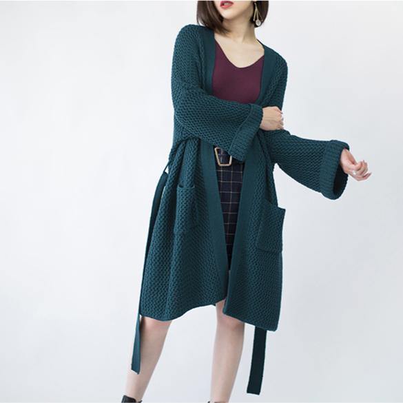 2025 blackish green Wool Coat plus size flare sleeve tie waist maxi coat Elegant pockets coat