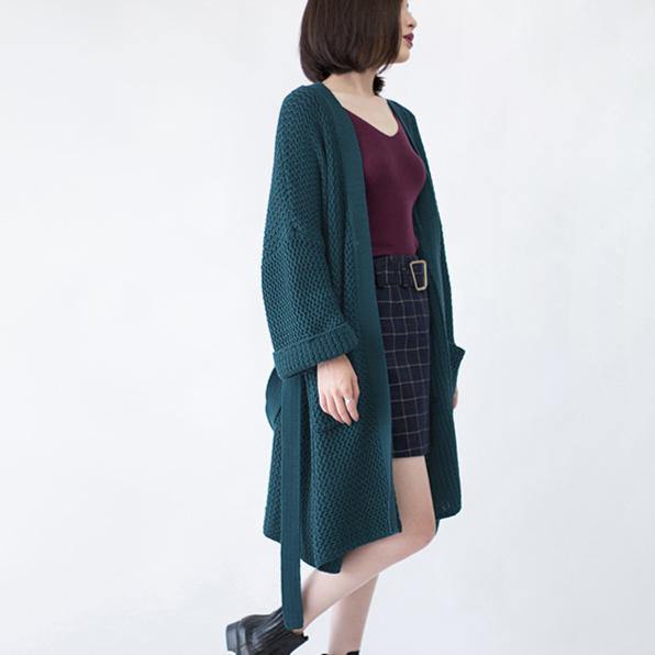 2025 blackish green Wool Coat plus size flare sleeve tie waist maxi coat Elegant pockets coat