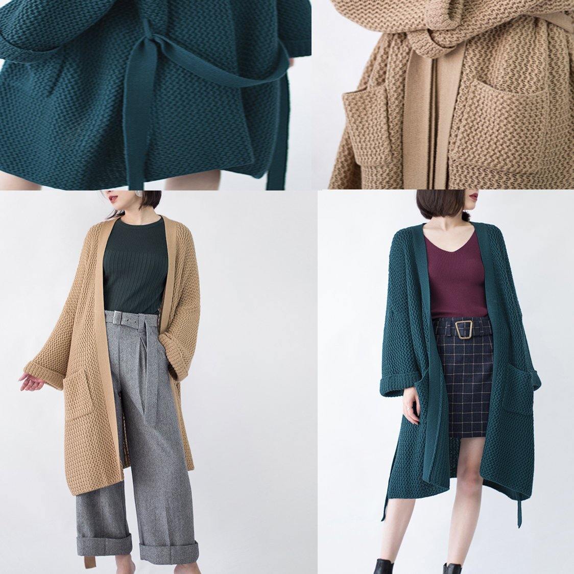 2025 blackish green Wool Coat plus size flare sleeve tie waist maxi coat Elegant pockets coat