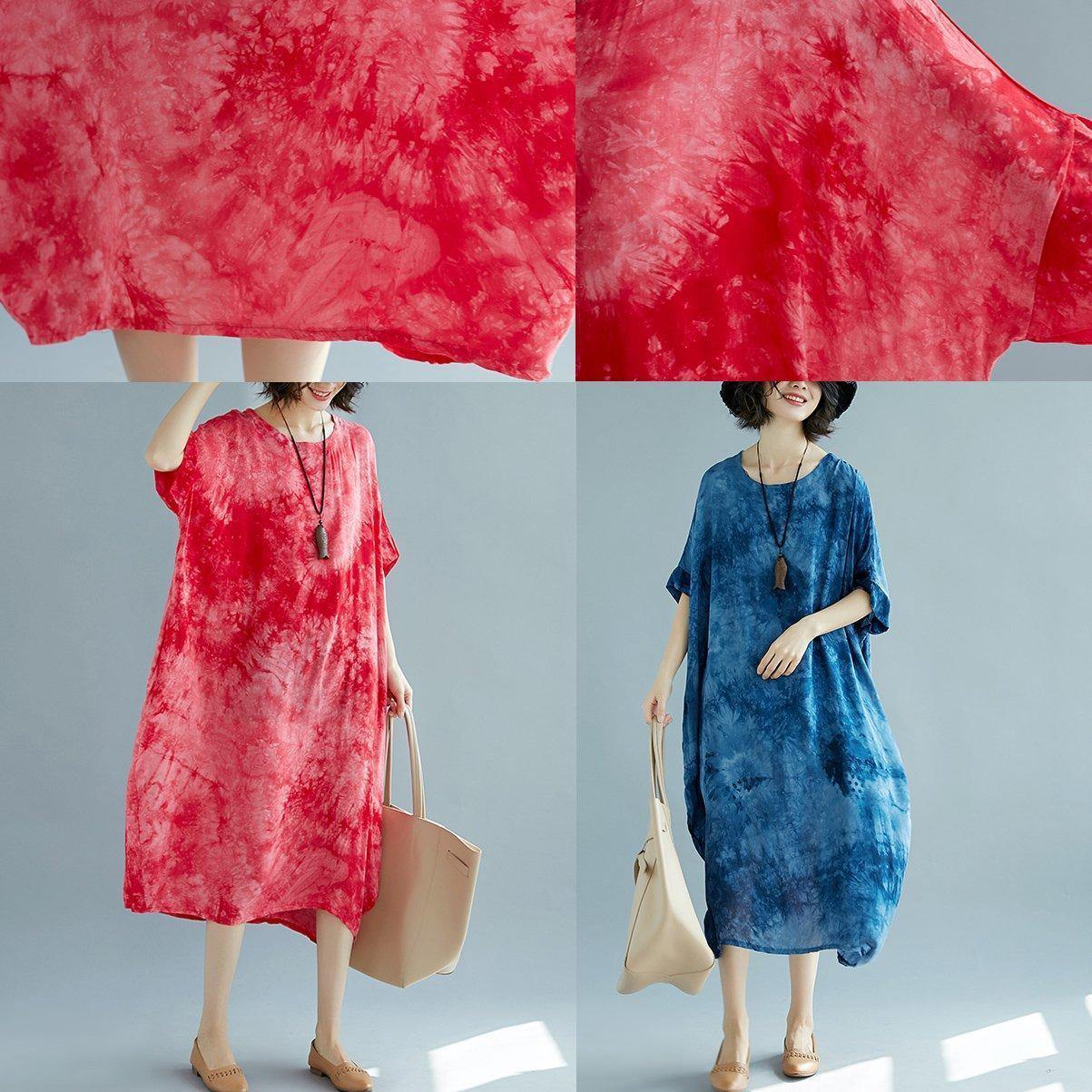 2025 blue long linen dress plus size O neck floral linen clothing dresses casual short sleeve baggy dresses linen caftans