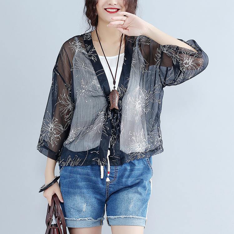 2025 casual gray prints silk cardigans oversize long sleeve tie bust tops