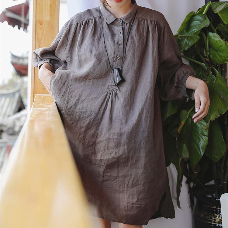 2025 chocolate linen shift dress plus size clothing linen clothing dresses 2018 Three Quarter sleeve baggy dresses Peter pan Collar dresses