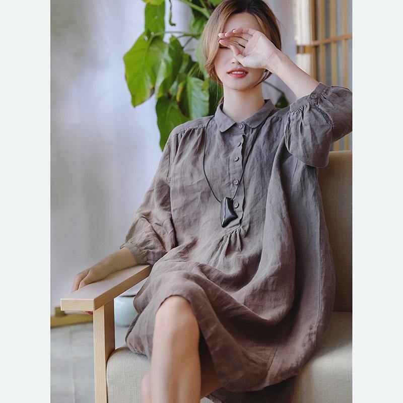 2025 chocolate linen shift dress plus size clothing linen clothing dresses 2018 Three Quarter sleeve baggy dresses Peter pan Collar dresses