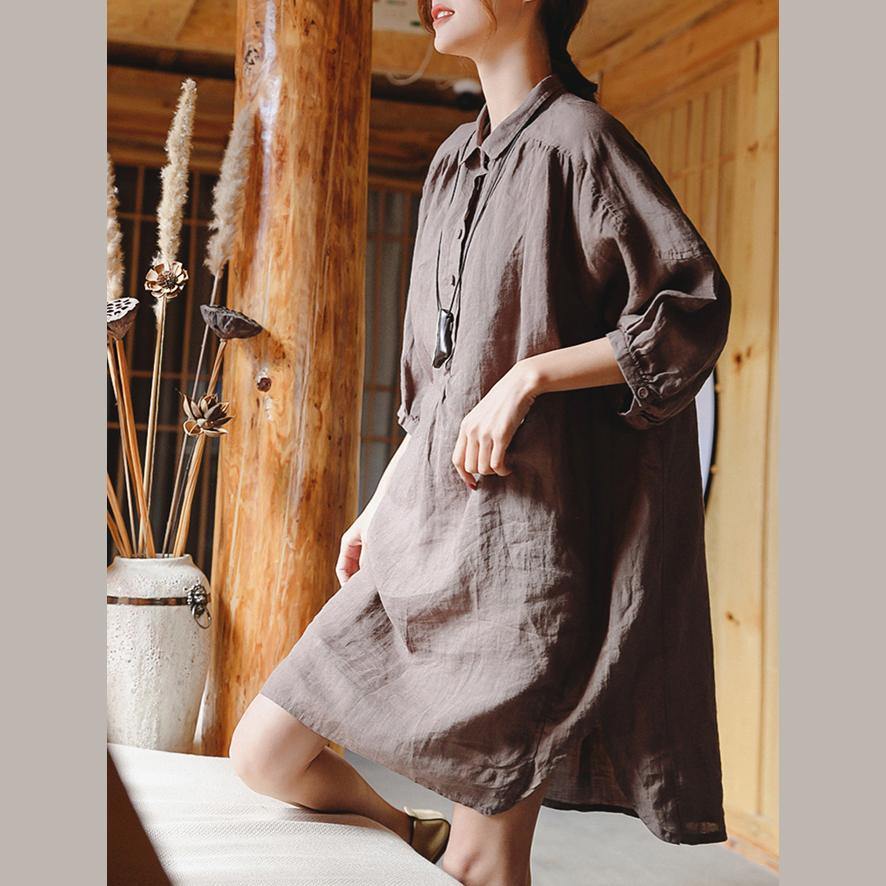 2025 chocolate linen shift dress plus size clothing linen clothing dresses 2018 Three Quarter sleeve baggy dresses Peter pan Collar dresses