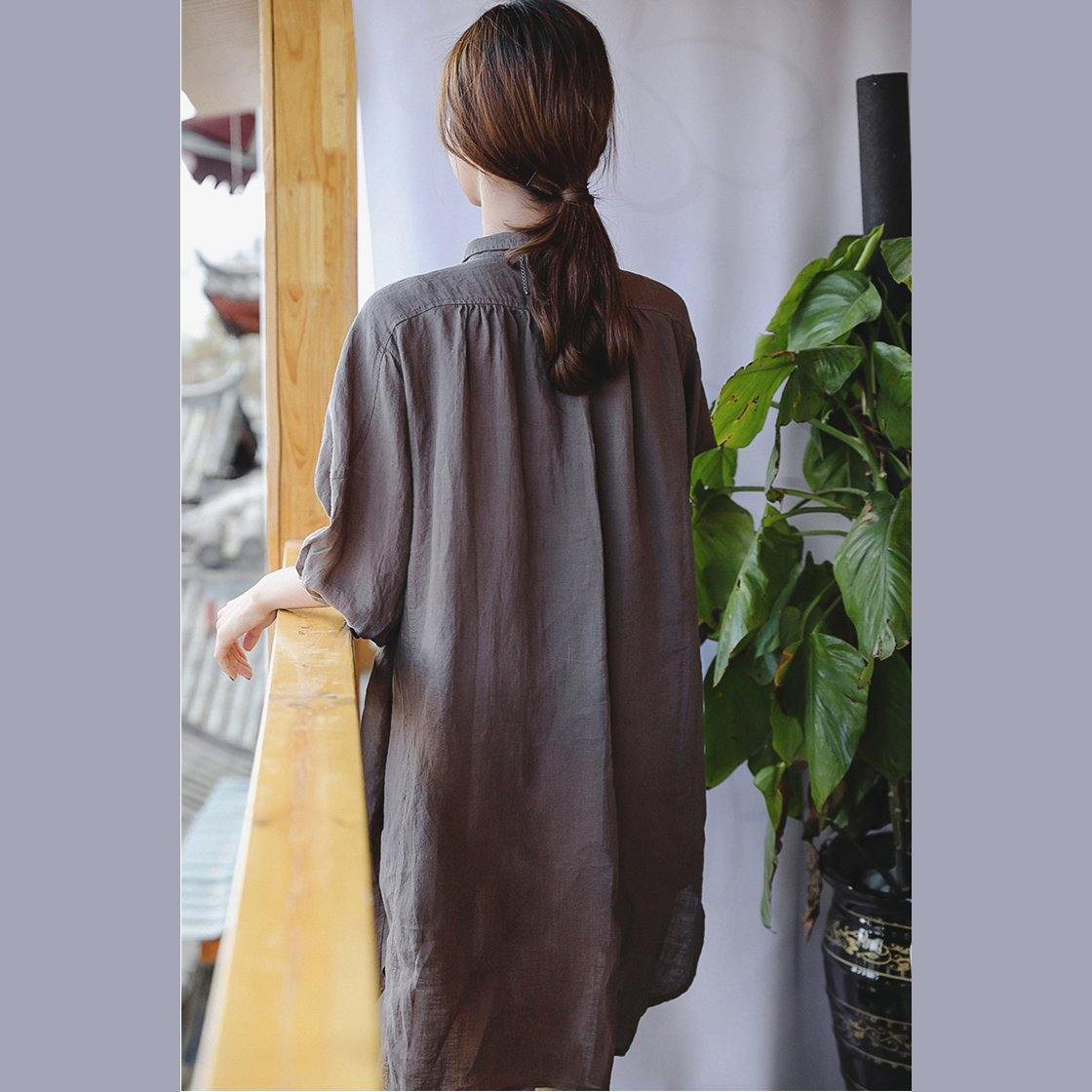 2025 chocolate linen shift dress plus size clothing linen clothing dresses 2018 Three Quarter sleeve baggy dresses Peter pan Collar dresses