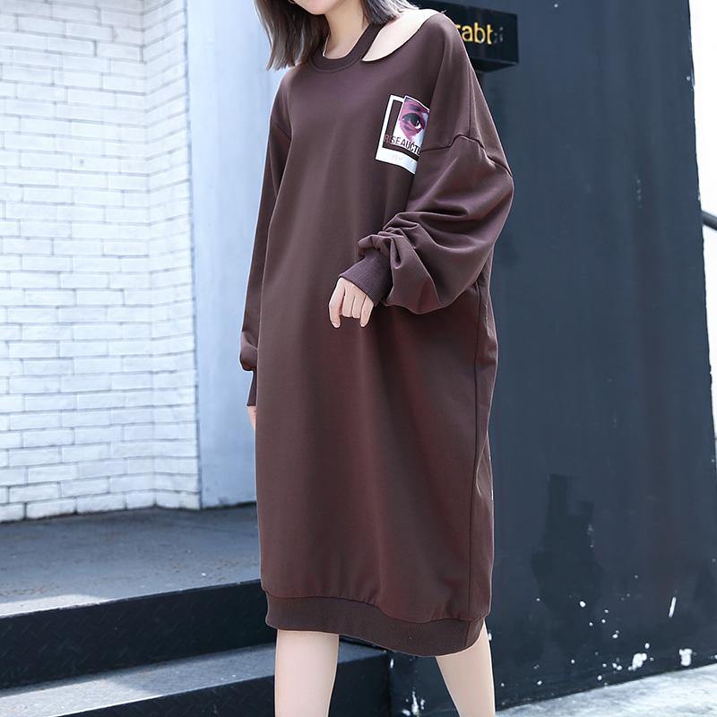 2025 chocolate print cotton blended knee dress plus size casual baggy dresses Fine Asymmetrical collar knee dresses