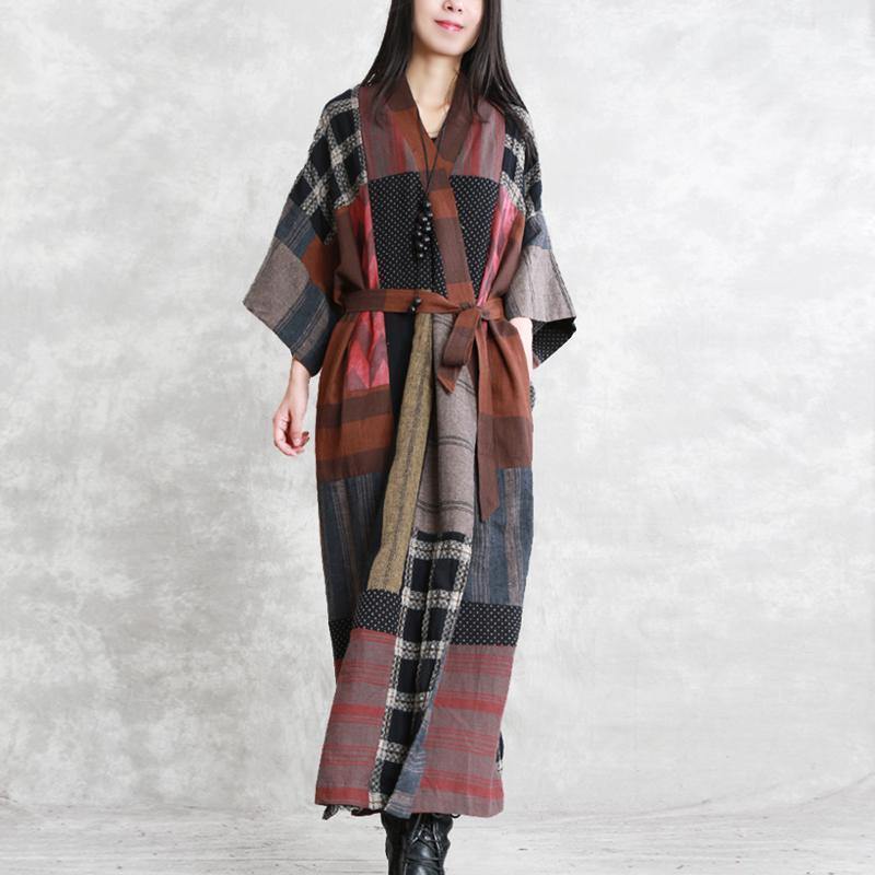 2025 gray autumn linen dress oversize patchwork traveling clothing women long sleeve tie waist autumn dress