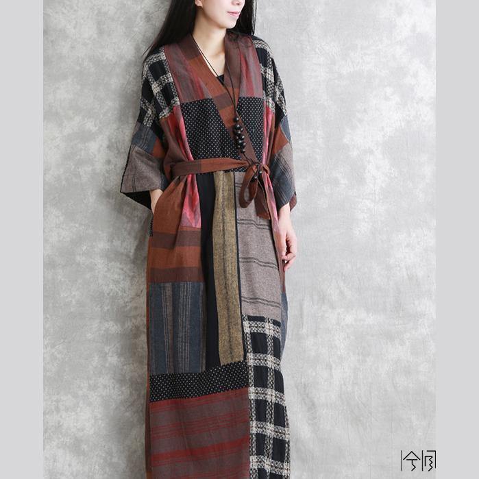 2025 gray autumn linen dress oversize patchwork traveling clothing women long sleeve tie waist autumn dress