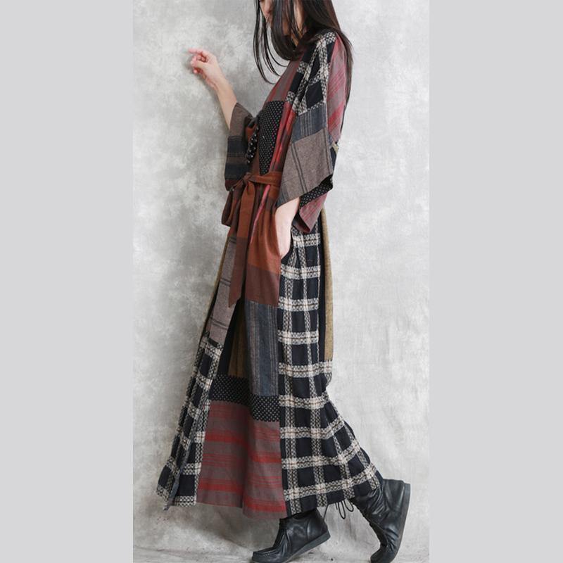 2025 gray autumn linen dress oversize patchwork traveling clothing women long sleeve tie waist autumn dress