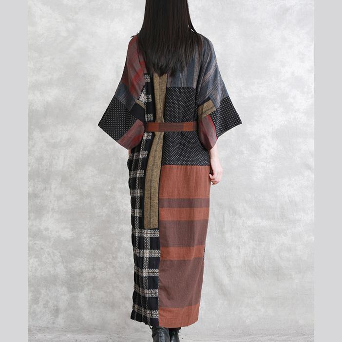 2025 gray autumn linen dress oversize patchwork traveling clothing women long sleeve tie waist autumn dress