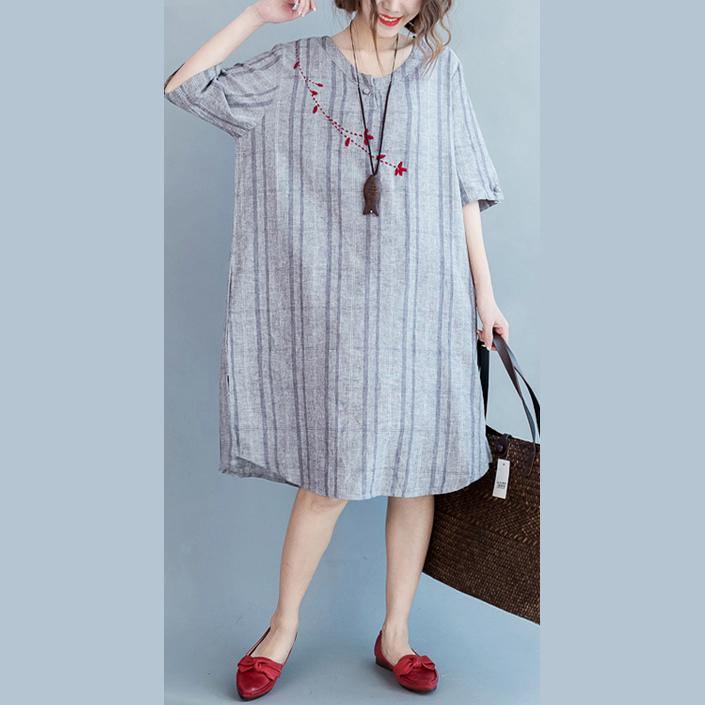 2018 light gray Plaid cotton linen dresses casual half sleeve pockets women o neck embroidery cotton linen clothing dresses