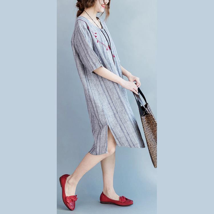 2018 light gray Plaid cotton linen dresses casual half sleeve pockets women o neck embroidery cotton linen clothing dresses