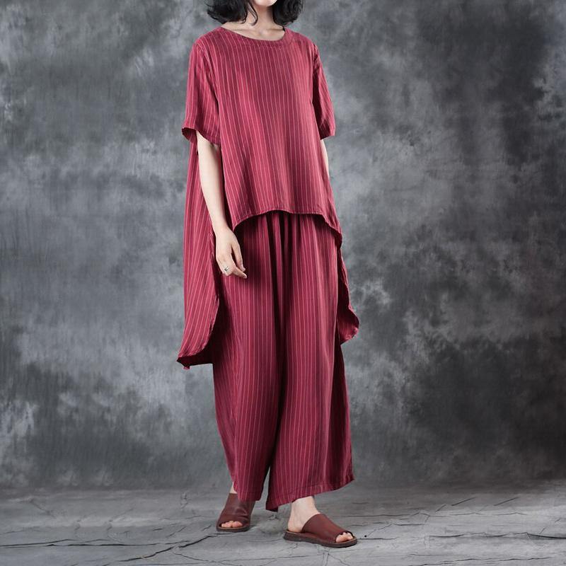 2018 new casual red low high design silk tops and women wide leg pants two pieces