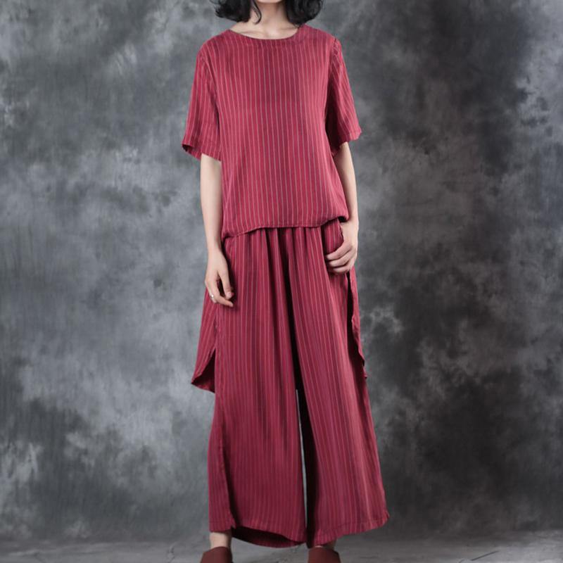 2018 new casual red low high design silk tops and women wide leg pants two pieces