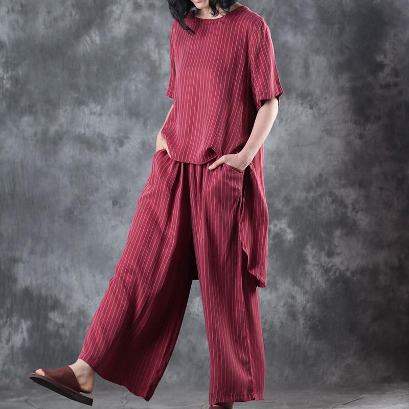 2018 new casual red low high design silk tops and women wide leg pants two pieces