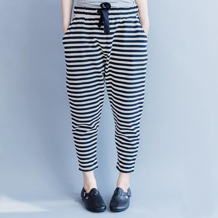 2018 new striped women casual cotton crop pants plus size cotton elastic waist drawstring harem pants