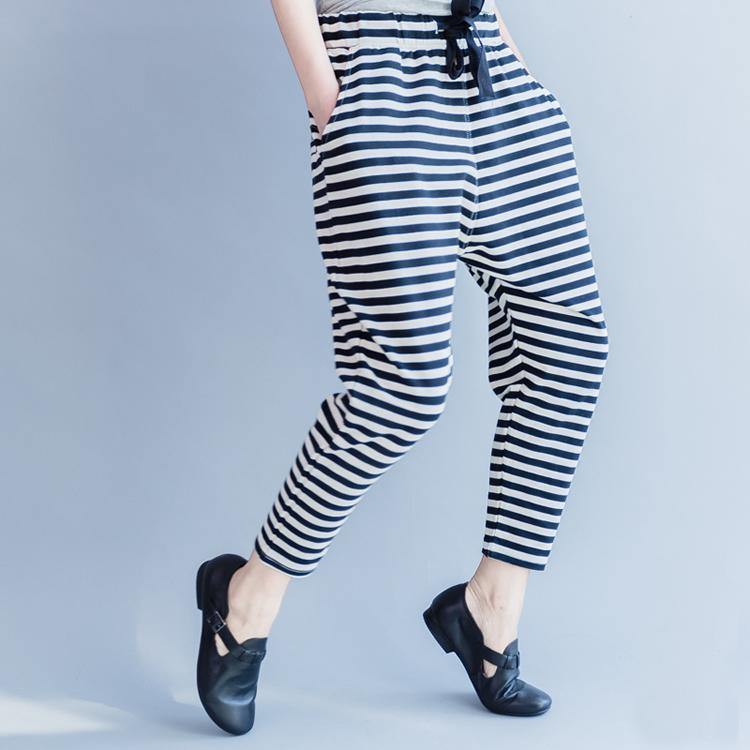 2018 new striped women casual cotton crop pants plus size cotton elastic waist drawstring harem pants