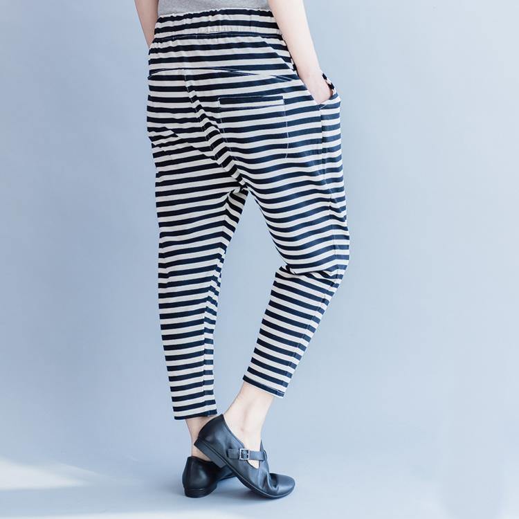 2018 new striped women casual cotton crop pants plus size cotton elastic waist drawstring harem pants