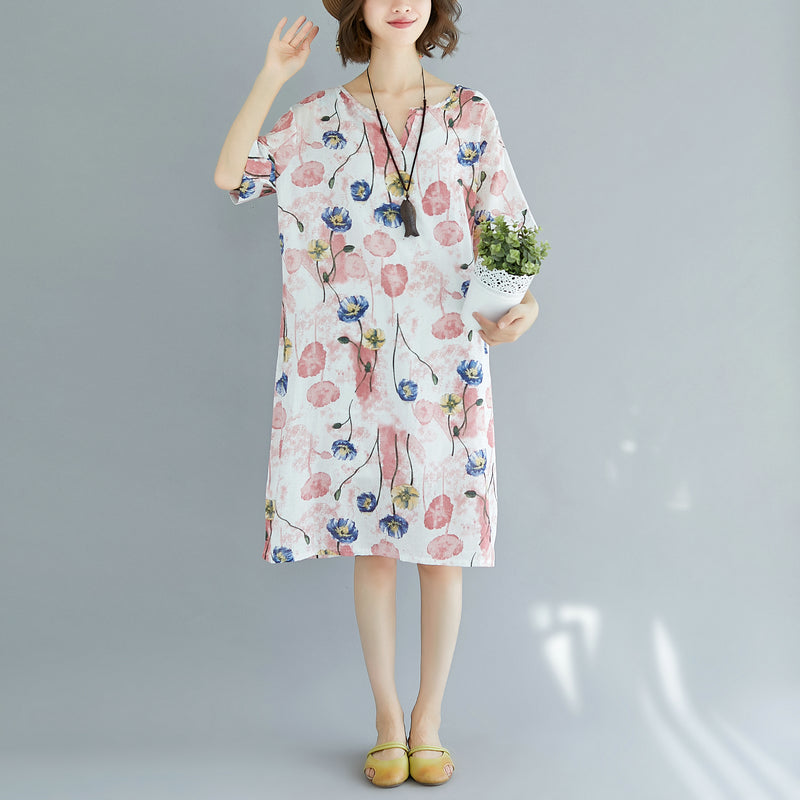 2025 pink Midi cotton dresses trendy plus size cotton dress Elegant short sleeve v neck floral cotton clothing dress