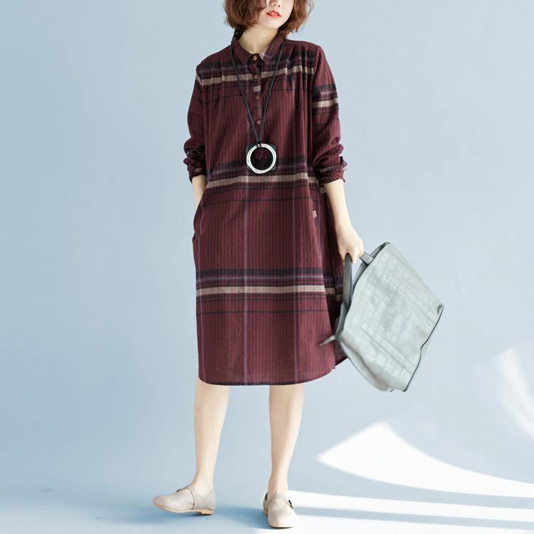 2018 red Plaid natural cotton linen shirt dress plus size traveling dress Elegant long sleeve pockets Turn-down Collar natural cotton linen shirt dress