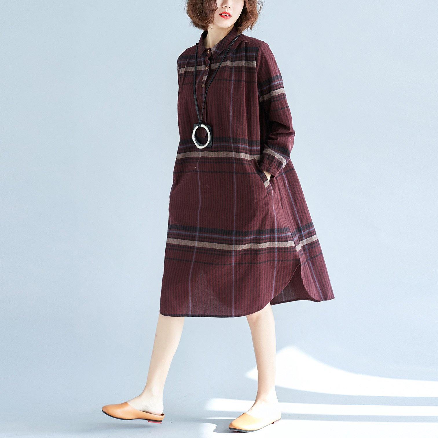 2018 red Plaid natural cotton linen shirt dress plus size traveling dress Elegant long sleeve pockets Turn-down Collar natural cotton linen shirt dress