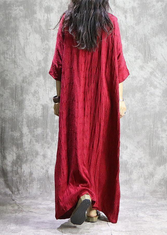 2018 red autumn linen dress Loose fitting v neck baggy Elegant pockets Jacquard dresses