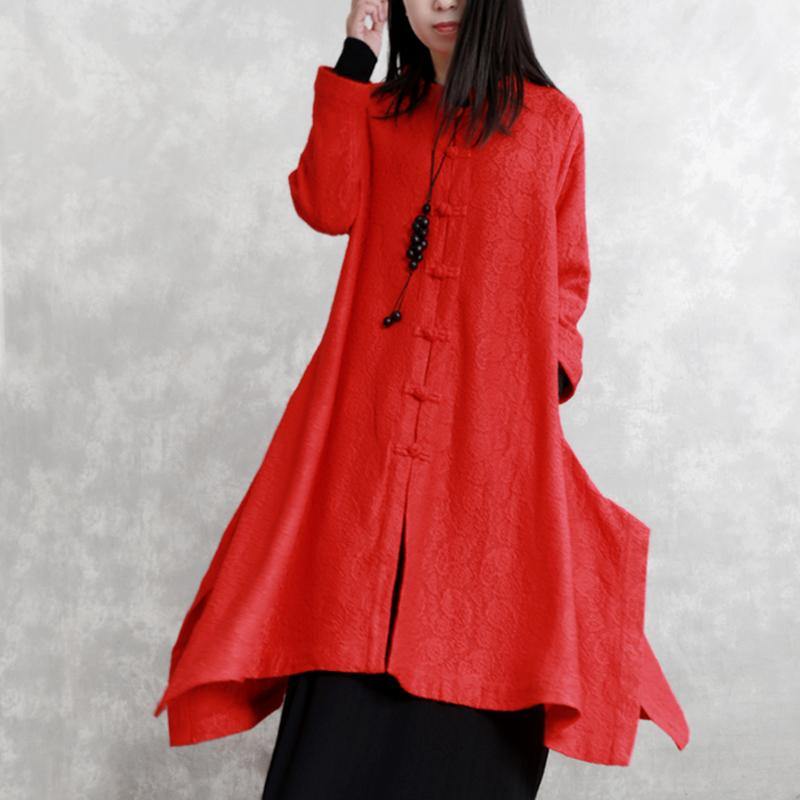 2018 red coats oversize Stand Jacquard maxi coat Fashion long sleeve pockets long coat