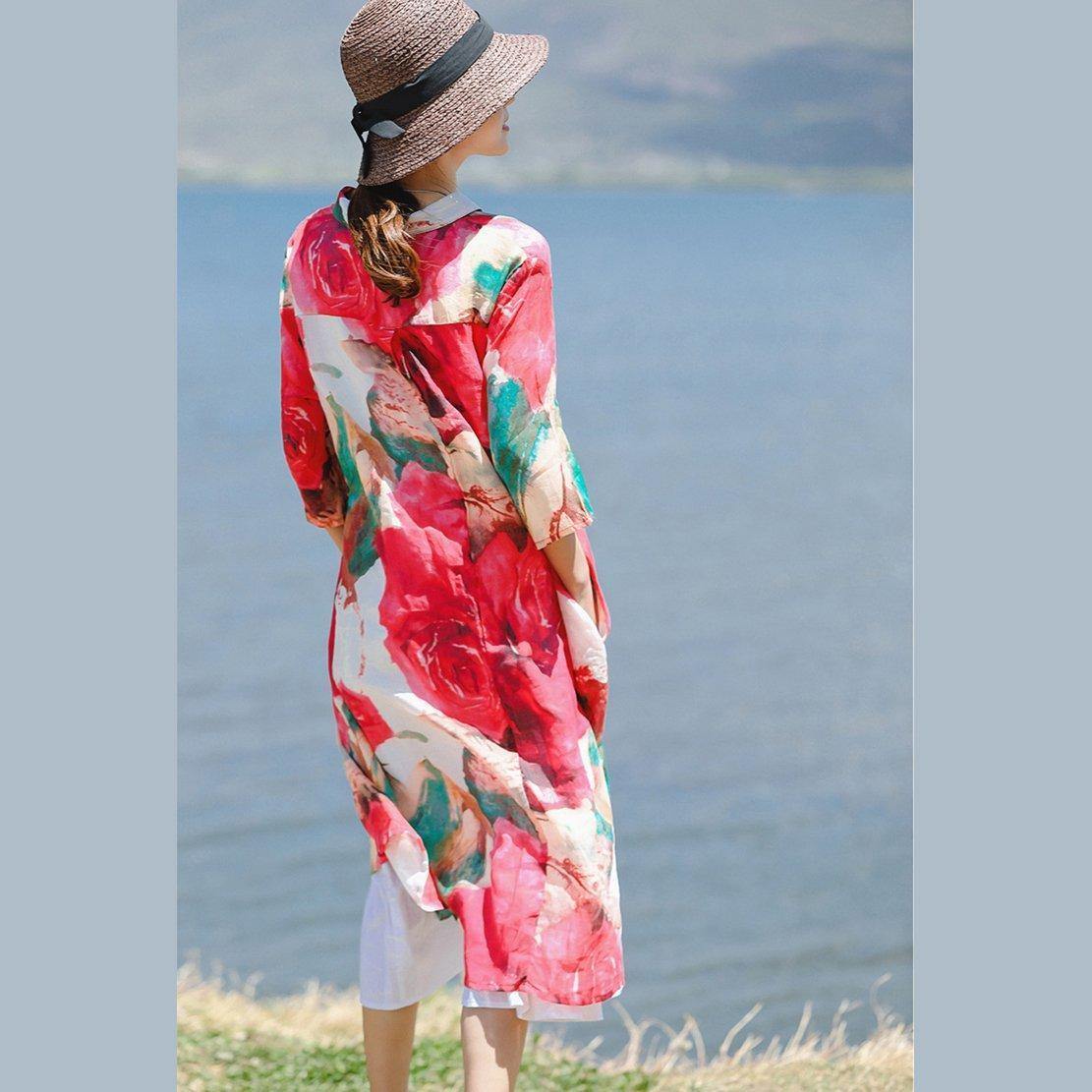 2025 red print Chiffon dresses plus size clothing Turn-down Collar Chiffon clothing dress boutique Three Quarter sleeve side open dresses