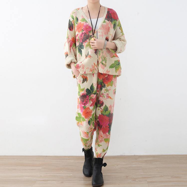 2018 spring new roses prints cute sweater and knit harem pants casual two pieces